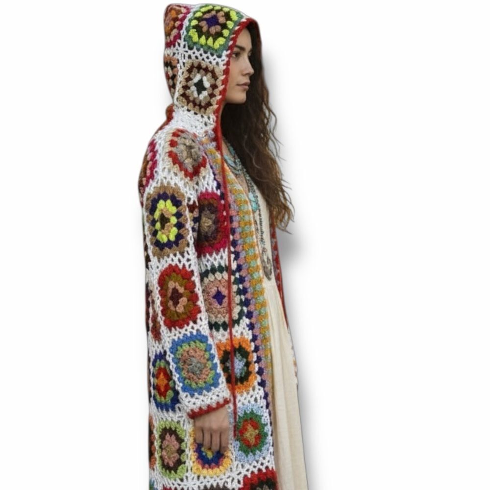 Floral Granny Square Crochet Hooded Cardigan - Boho Festival Maxi Duster NWT - Picture 2 of 5